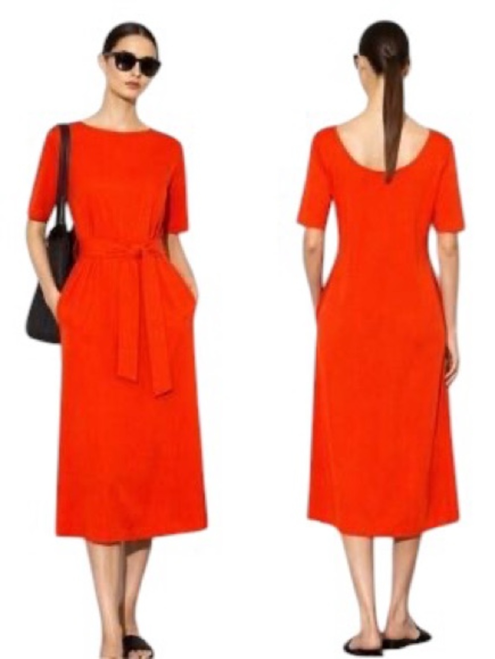 COS Orange Red Belted Tie Waist Jersey Knit Midi Maxi Dress - L